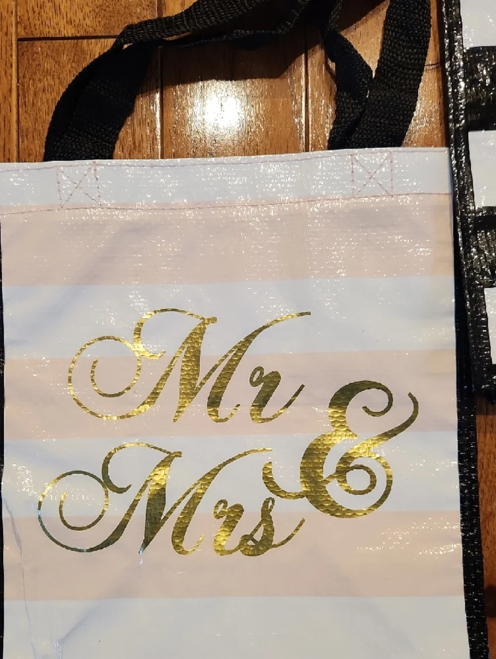 Mr & Mrs Striped Tote Bags - Black, White, Gold Gift Bags 2piece P-001